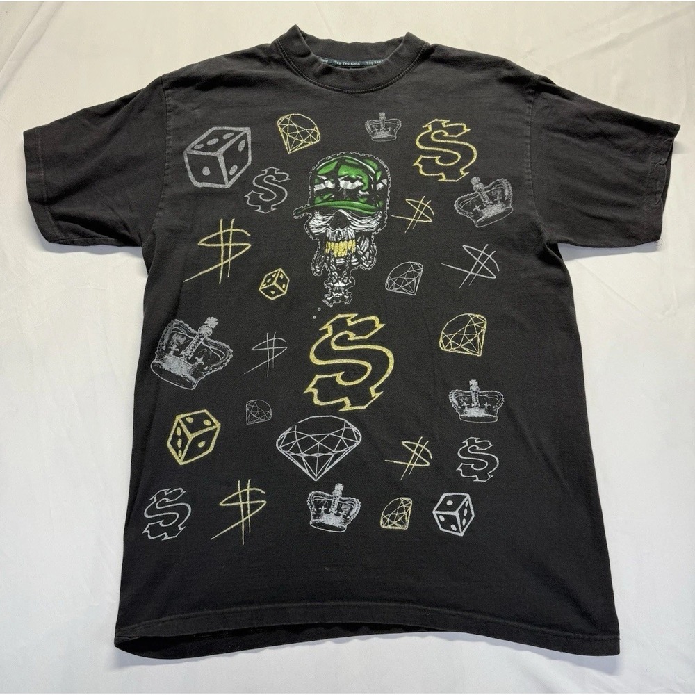 Vintage USA Skull Money Black graphic‎ t-shirt Top Tee Gold streetwear